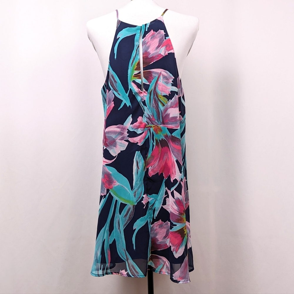 LuLu's Here and Luau Swing Dress Tropical Floral Print Spaghetti Strap Navy Med - Picture 3 of 15